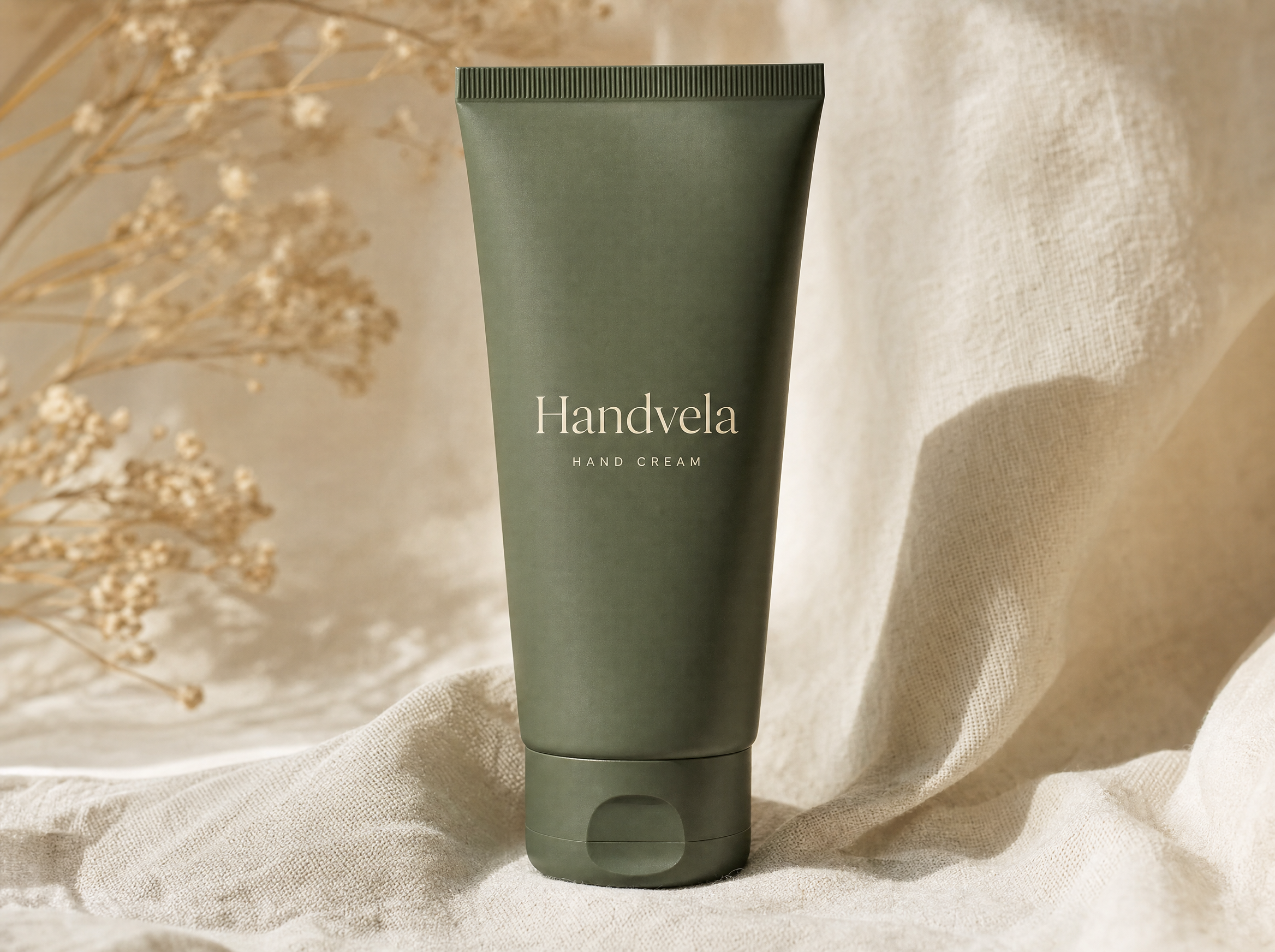 Close-up of the matte sage-green Handvela hand cream tube on warm cream fabric