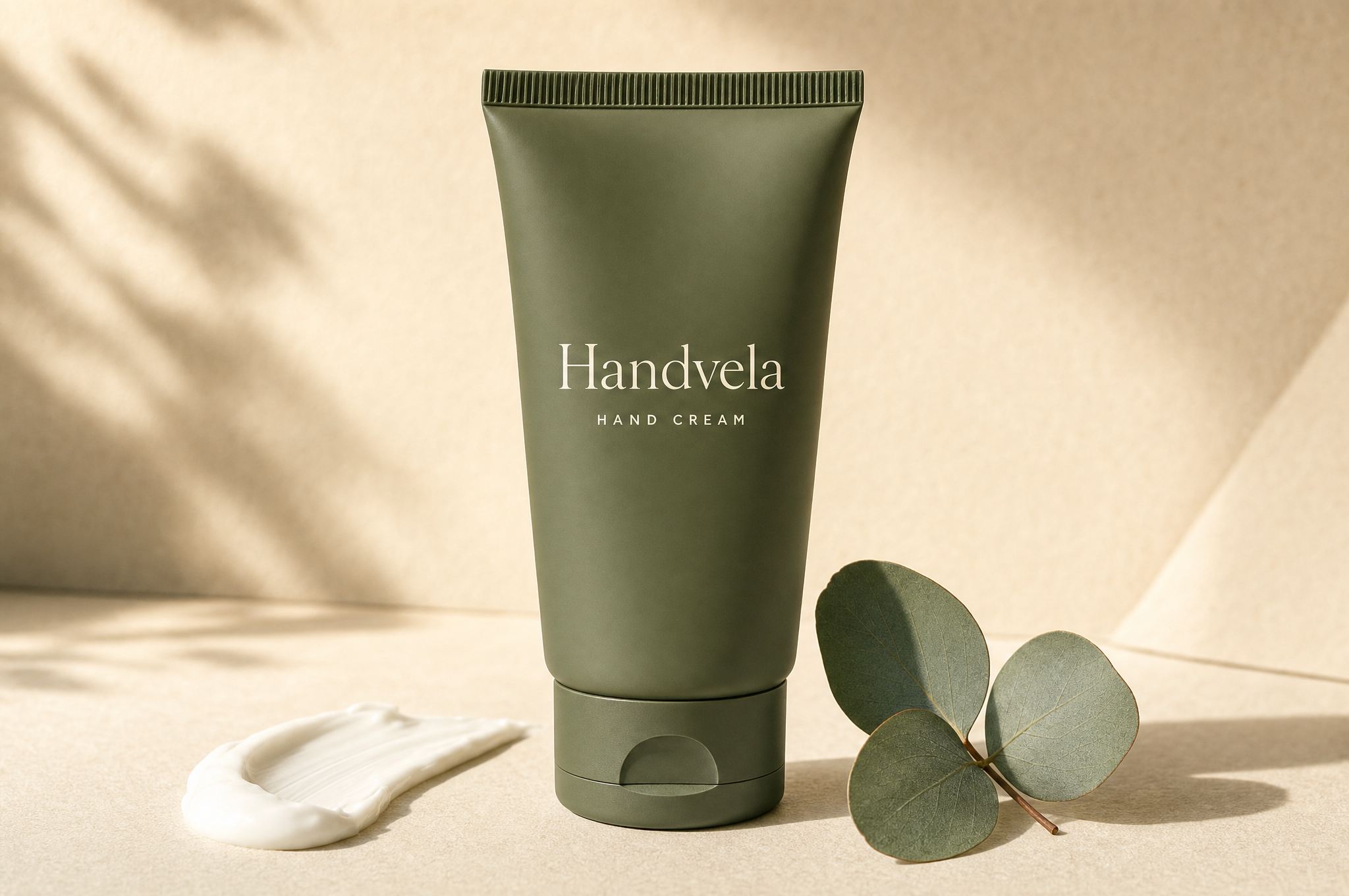 Handvela hand cream — a matte sage-green tube on a warm cream surface with a smear of cream and eucalyptus leaves