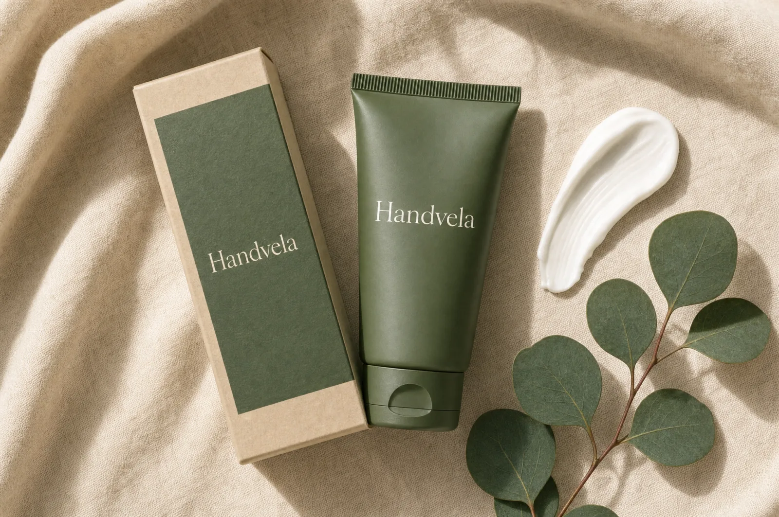 Handvela tube and box flat-lay with a swirl of cream and eucalyptus on warm linen