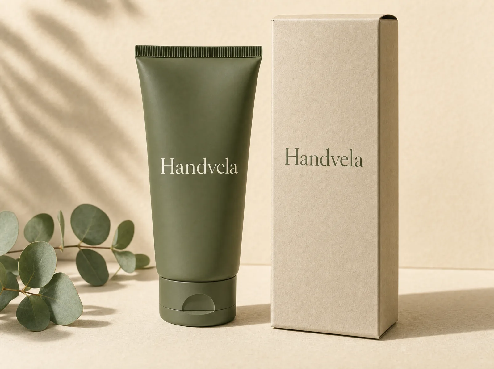 Handvela hand cream — matte sage-green tube next to its kraft paper carton box