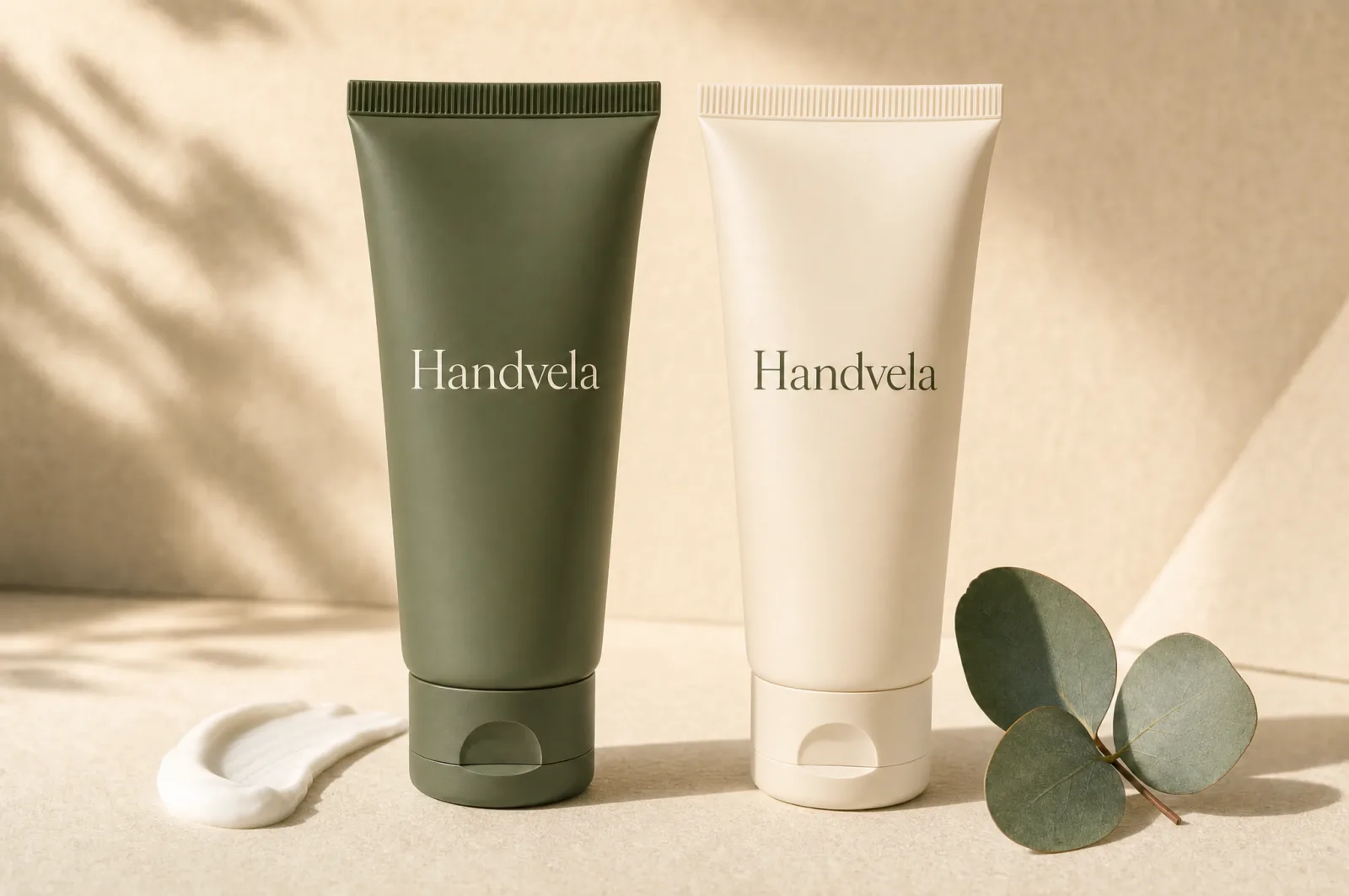 The two Handvela variants — sage-green Original and off-white Fragrance-free tubes